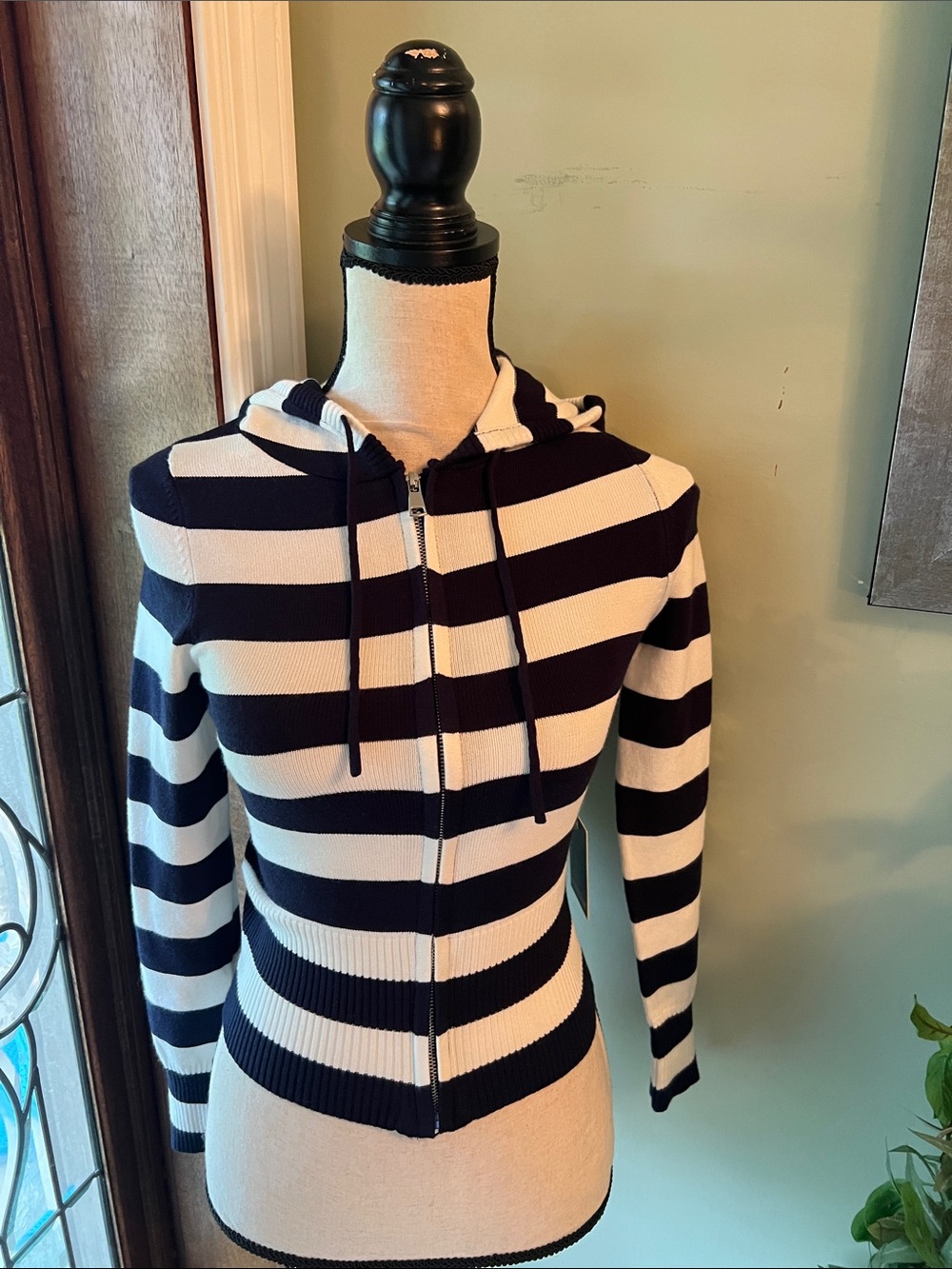 Striped Hooded Zip Cardigan - Navy and White